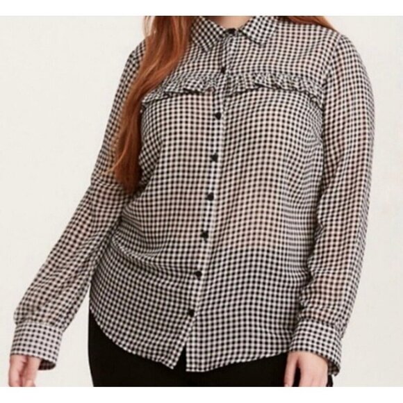 Torrid Top Womens 2X Black White Gingham Buttons LS Ruffles Boho Cottagecore - Picture 13 of 13
